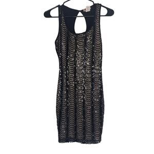 Vintage Y2K Body Central Black Nude Sequined Bodycon Mini Dress Size Small
